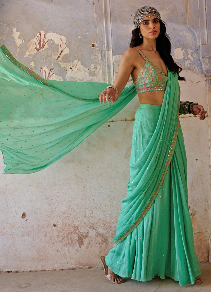 Sea Green Resham and Applique Saree Set Chamee n Palak - Fabilicious Fashion