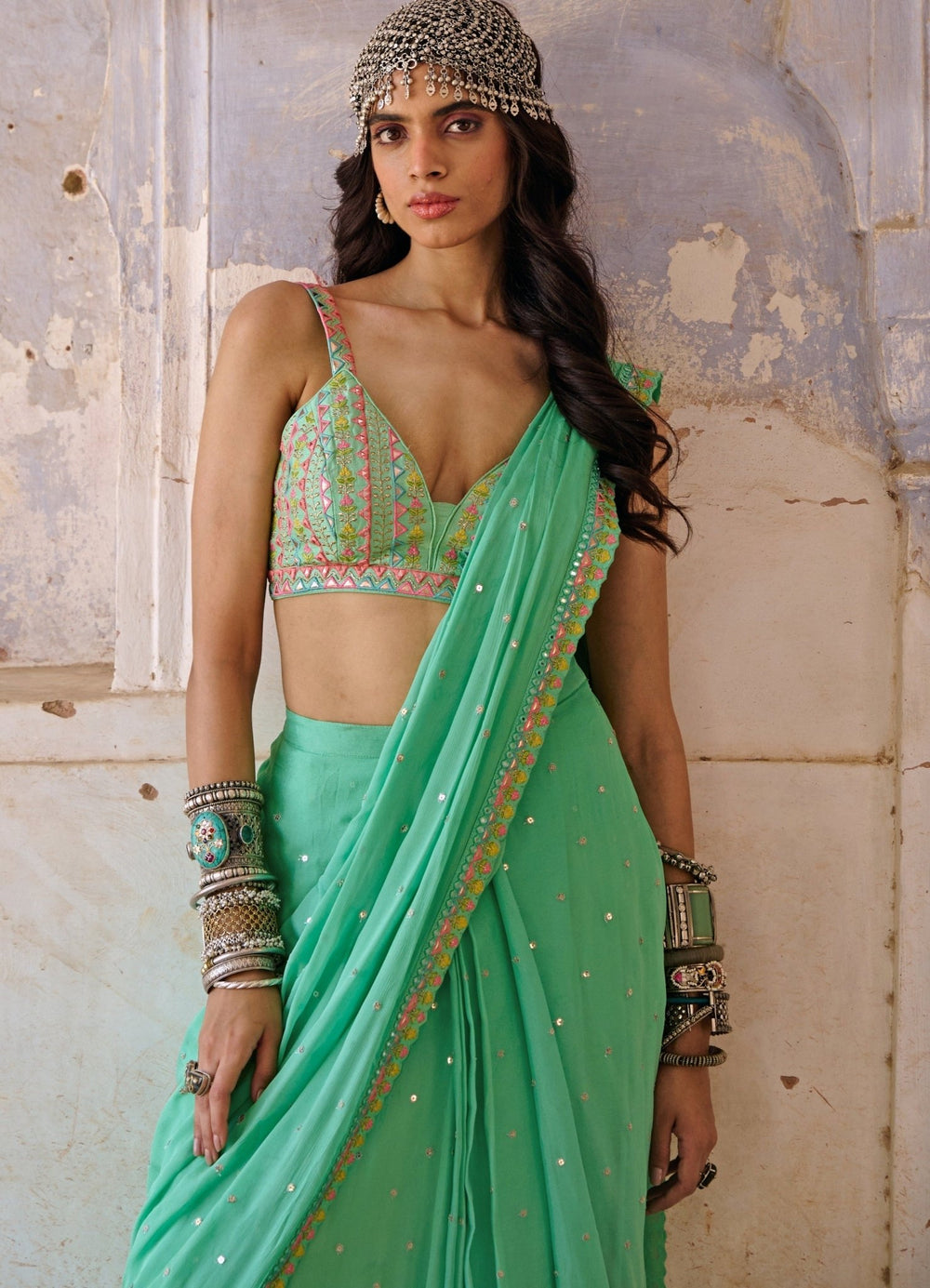 Sea Green Resham and Applique Saree Set Chamee n Palak - Fabilicious Fashion