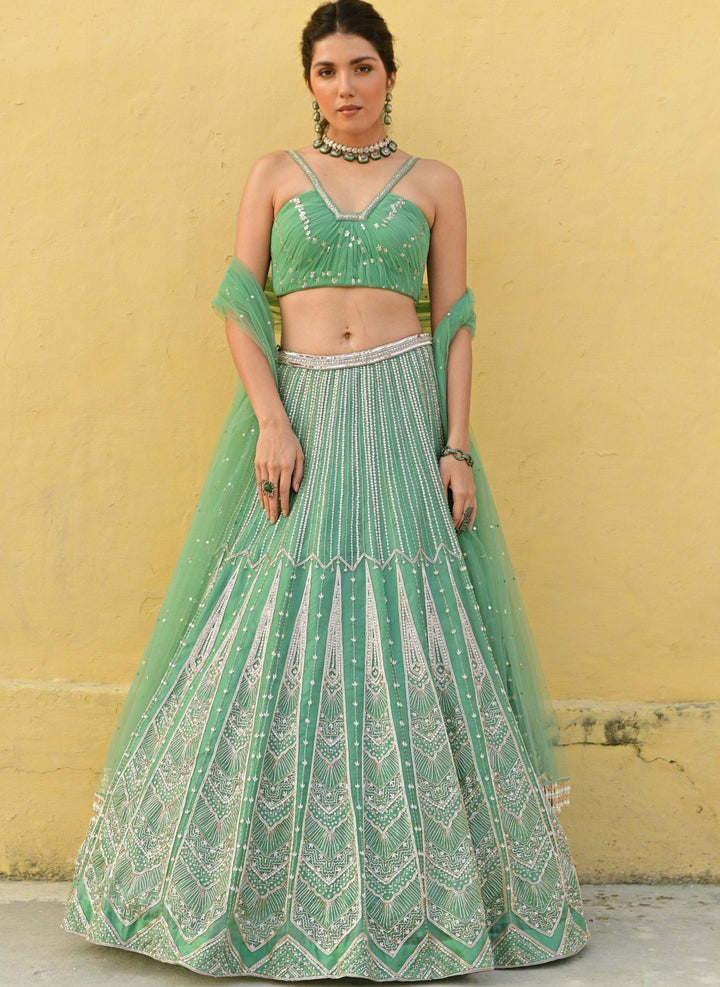 Sea Green Ruched Bralette Embroidered Lehenga Set Chamee n Palak - Fabilicious Fashion