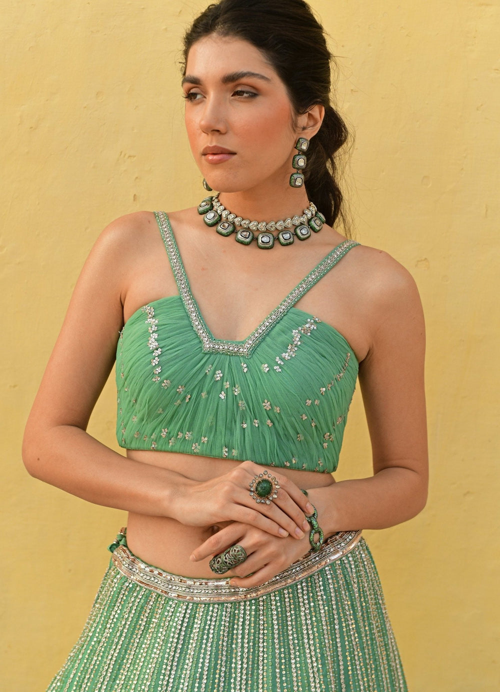 Sea Green Ruched Bralette Embroidered Lehenga Set Chamee n Palak - Fabilicious Fashion