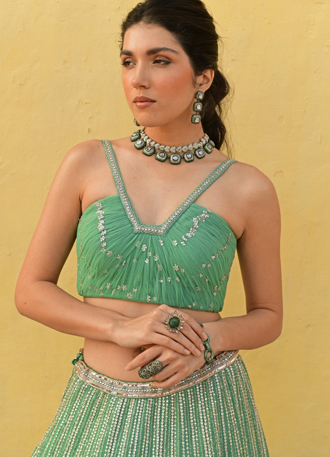 Sea Green Ruched Bralette Embroidered Lehenga Set Chamee n Palak - Fabilicious Fashion