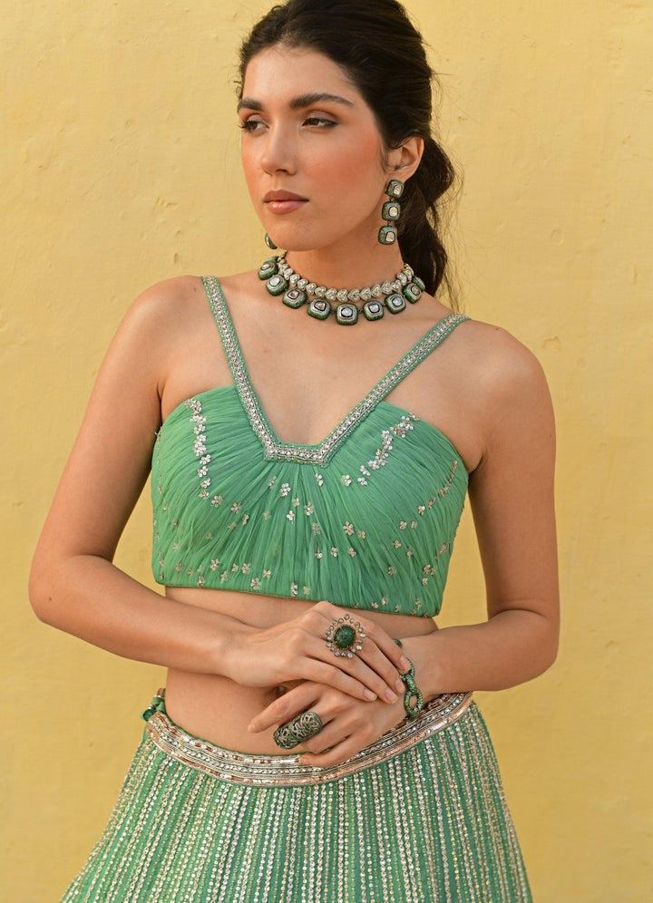 Sea Green Ruched Bralette Embroidered Lehenga Set Chamee n Palak - Fabilicious Fashion