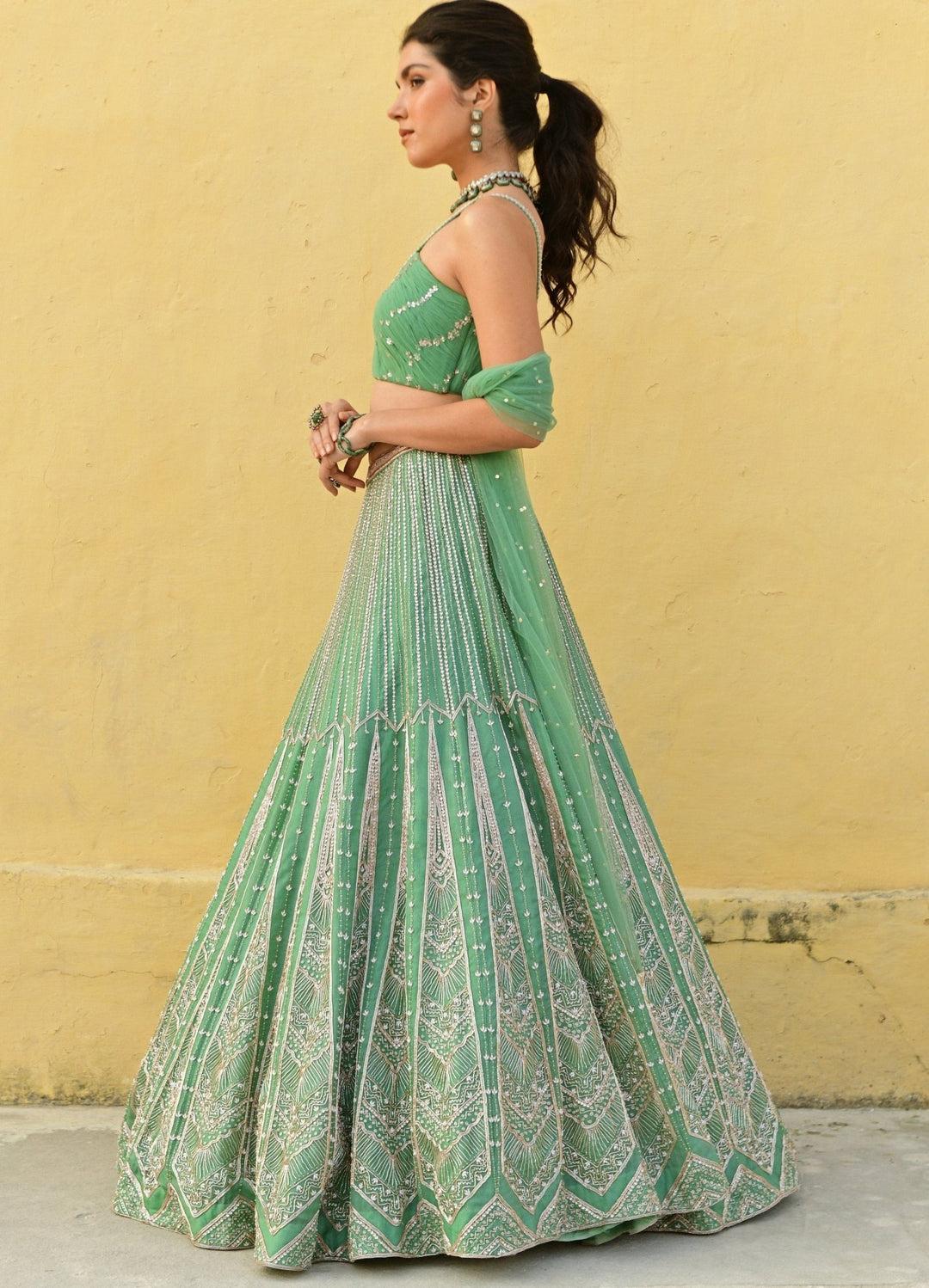 Sea Green Ruched Bralette Embroidered Lehenga Set Chamee n Palak - Fabilicious Fashion