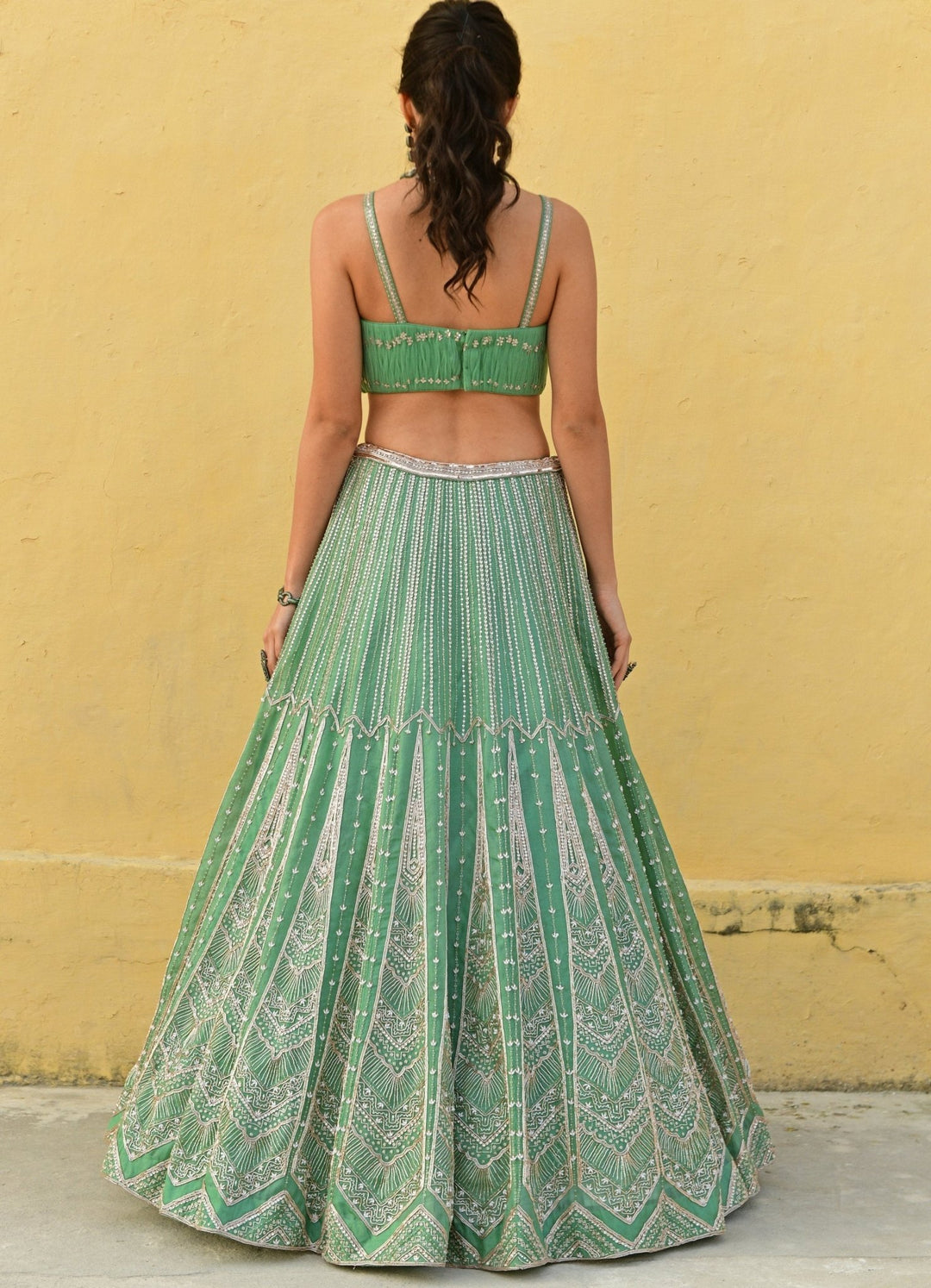 Sea Green Ruched Bralette Embroidered Lehenga Set Chamee n Palak - Fabilicious Fashion