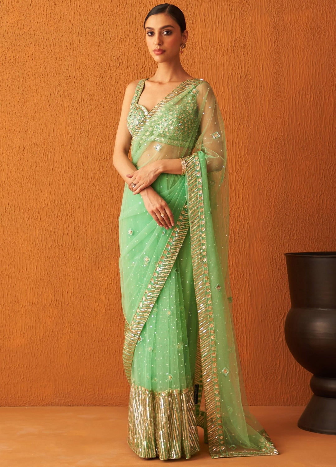 Sea Green Sequinned Net Saree Set Angad Singh - Fabilicious Fashion