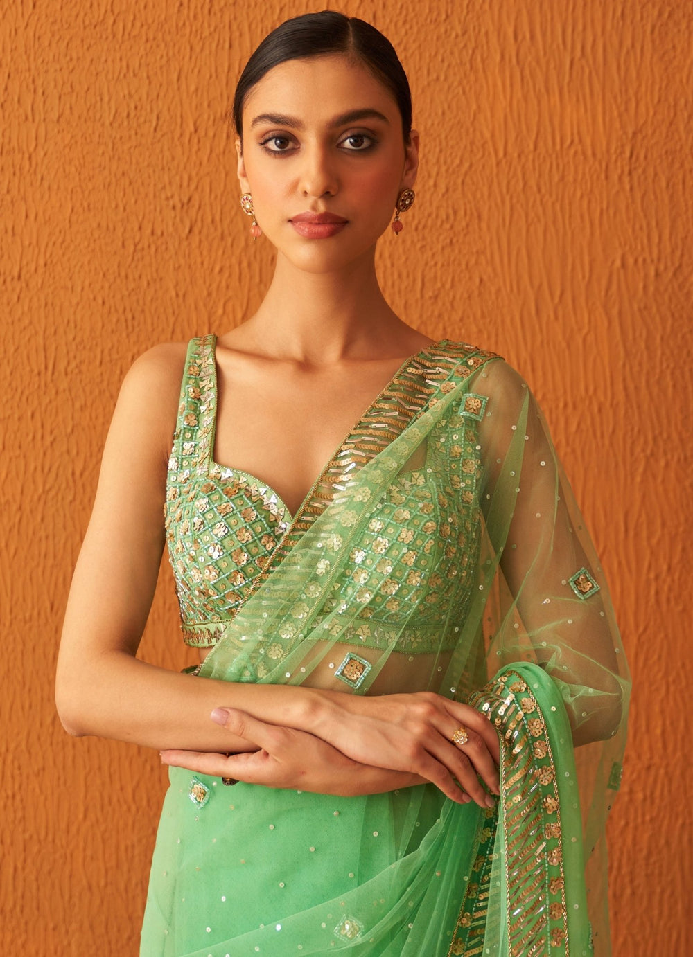 Sea Green Sequinned Net Saree Set Angad Singh - Fabilicious Fashion
