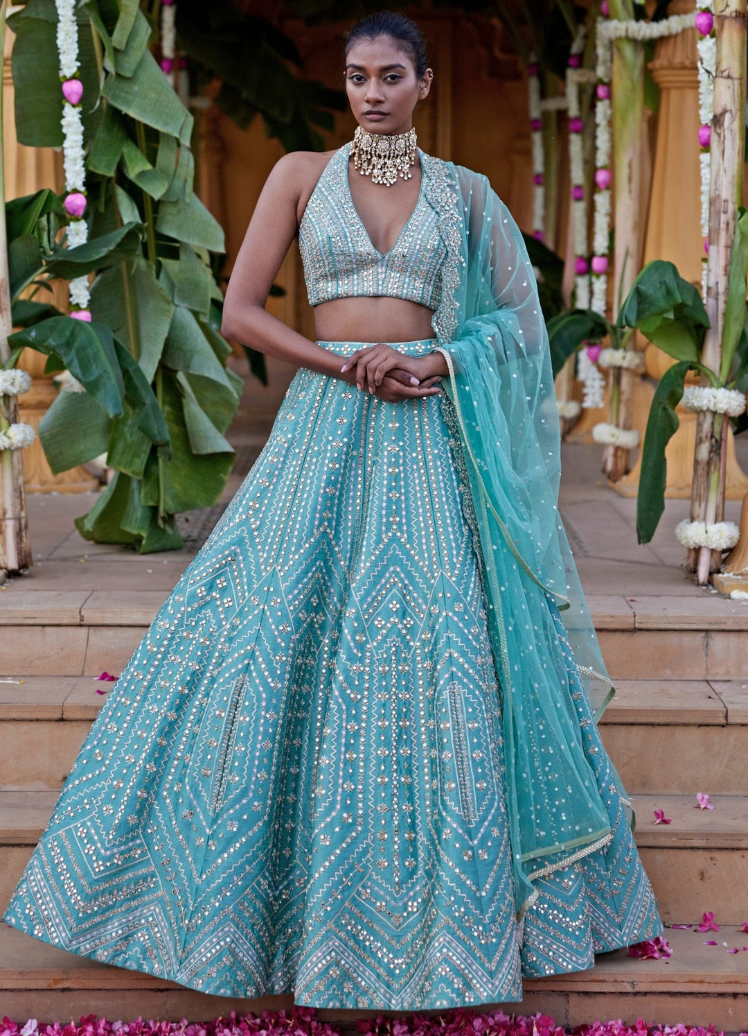 Sea Green Zari and Gota Embroidered Lehenga Set Chamee and Palak - Fabilicious Fashion