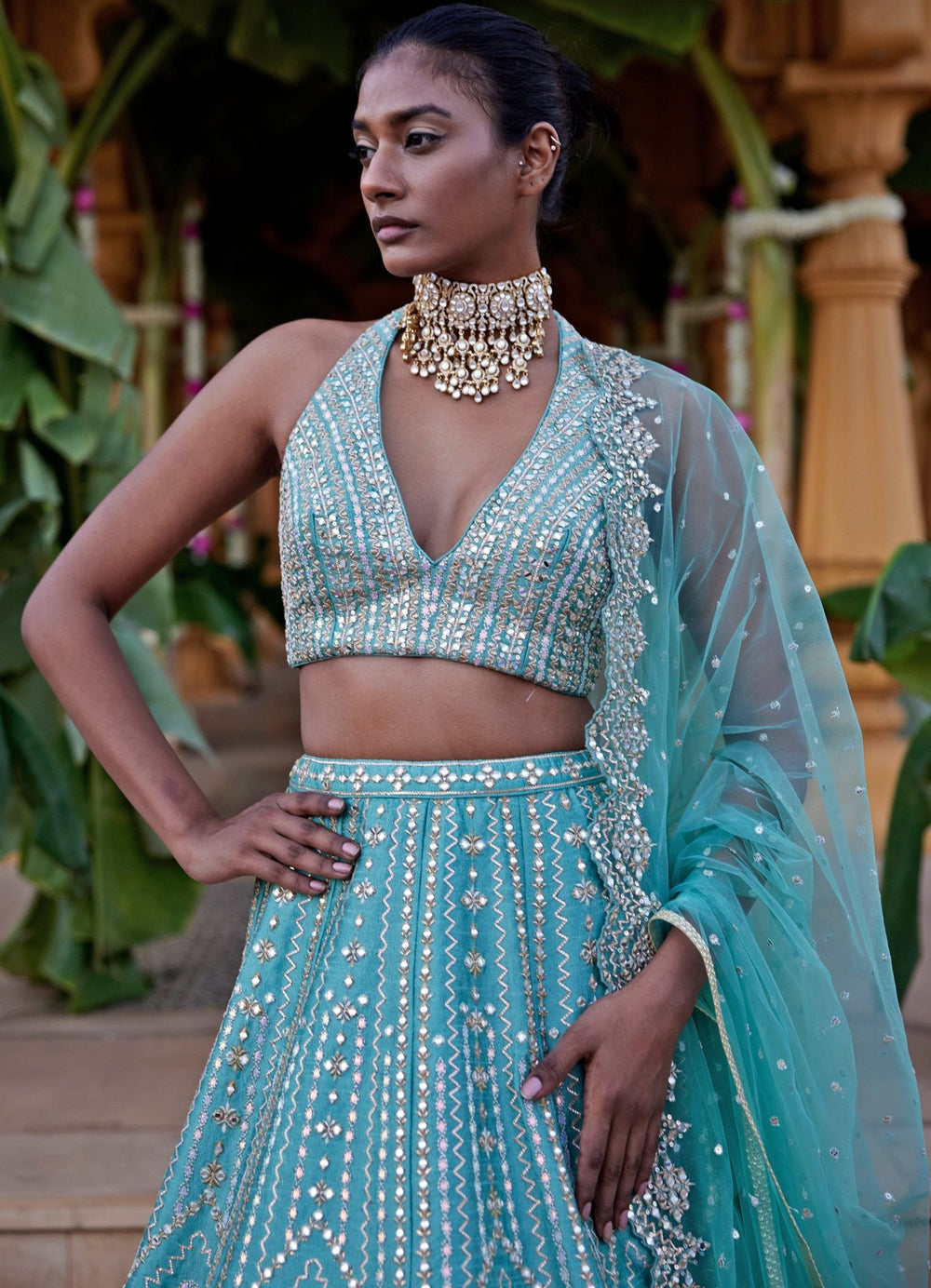 Sea Green Zari and Gota Embroidered Lehenga Set Chamee and Palak - Fabilicious Fashion