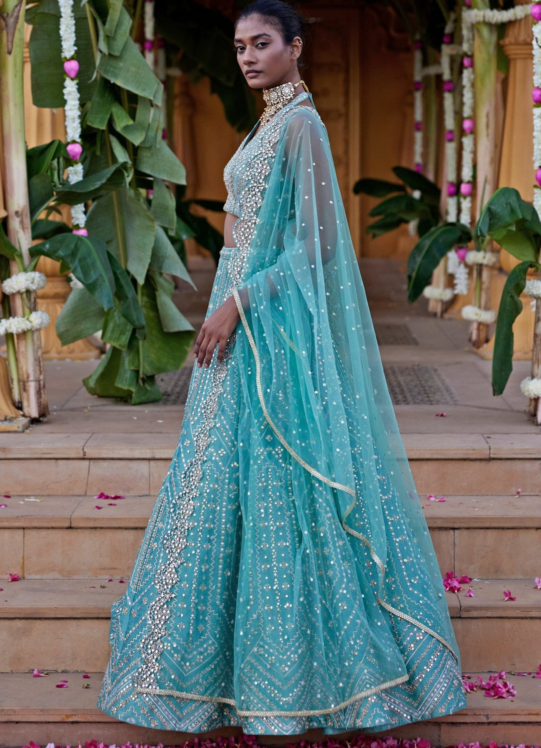 Sea Green Zari and Gota Embroidered Lehenga Set Chamee and Palak - Fabilicious Fashion