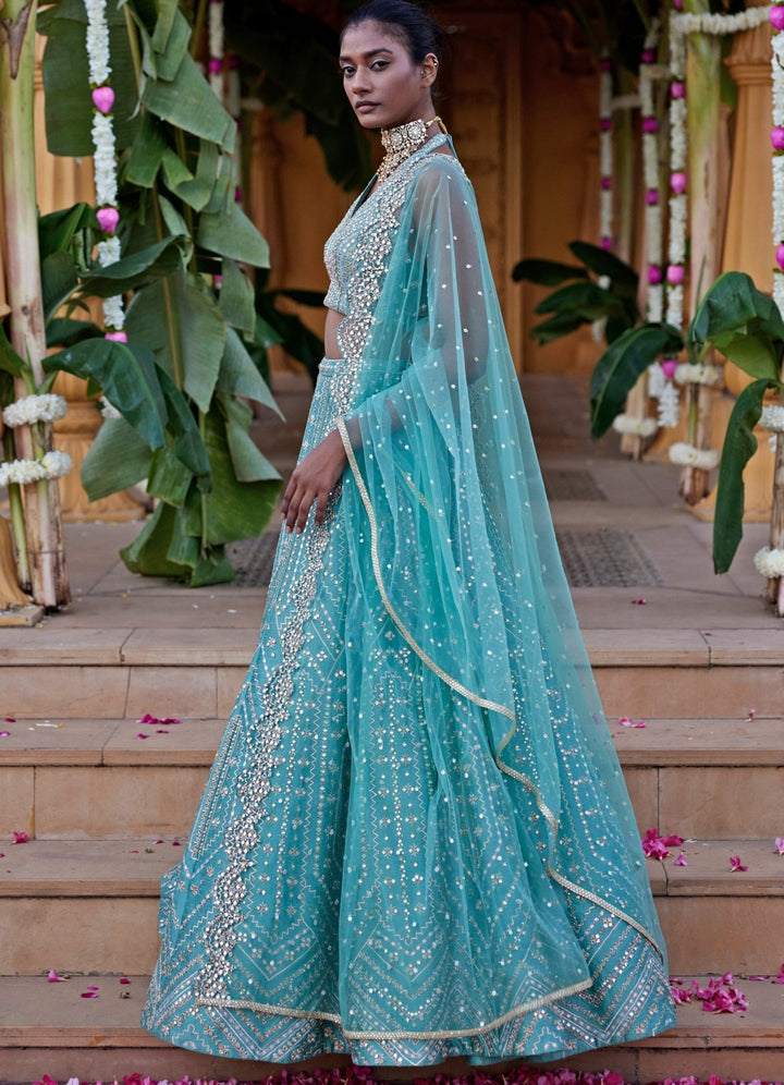 Sea Green Zari and Gota Embroidered Lehenga Set Chamee and Palak - Fabilicious Fashion
