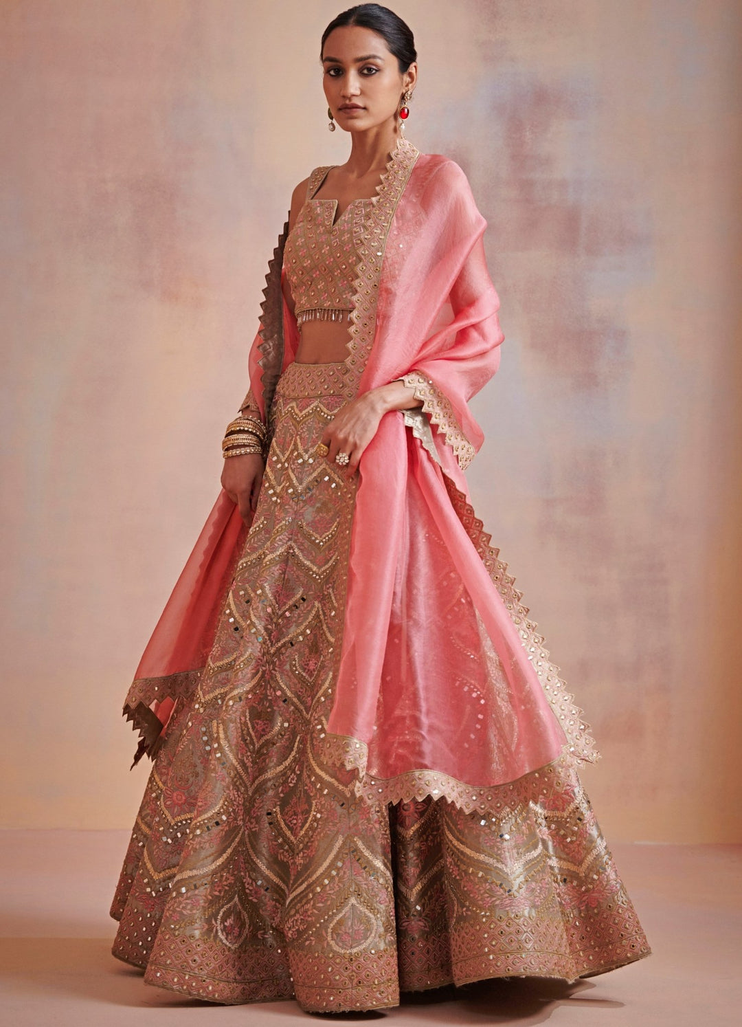Seashell Beige and Peach Mirror and Resham Lehenga Set Suhino - Fabilicious Fashion