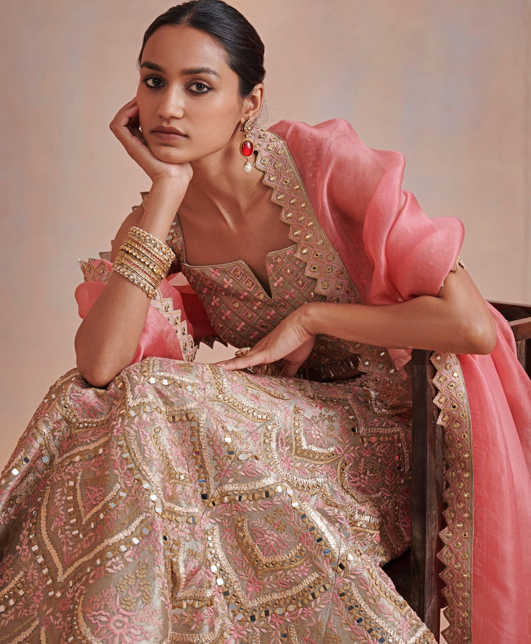 Seashell Beige and Peach Mirror and Resham Lehenga Set Suhino - Fabilicious Fashion