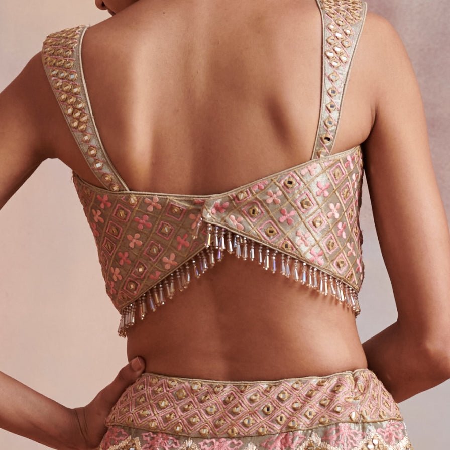 Seashell Beige and Peach Mirror and Resham Lehenga Set Suhino - Fabilicious Fashion