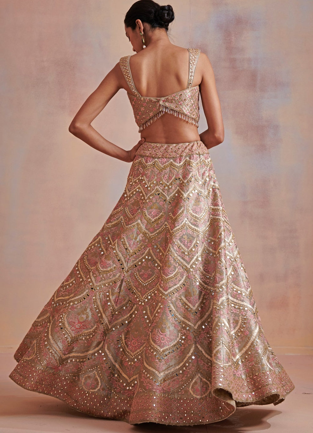 Seashell Beige and Peach Mirror and Resham Lehenga Set Suhino - Fabilicious Fashion