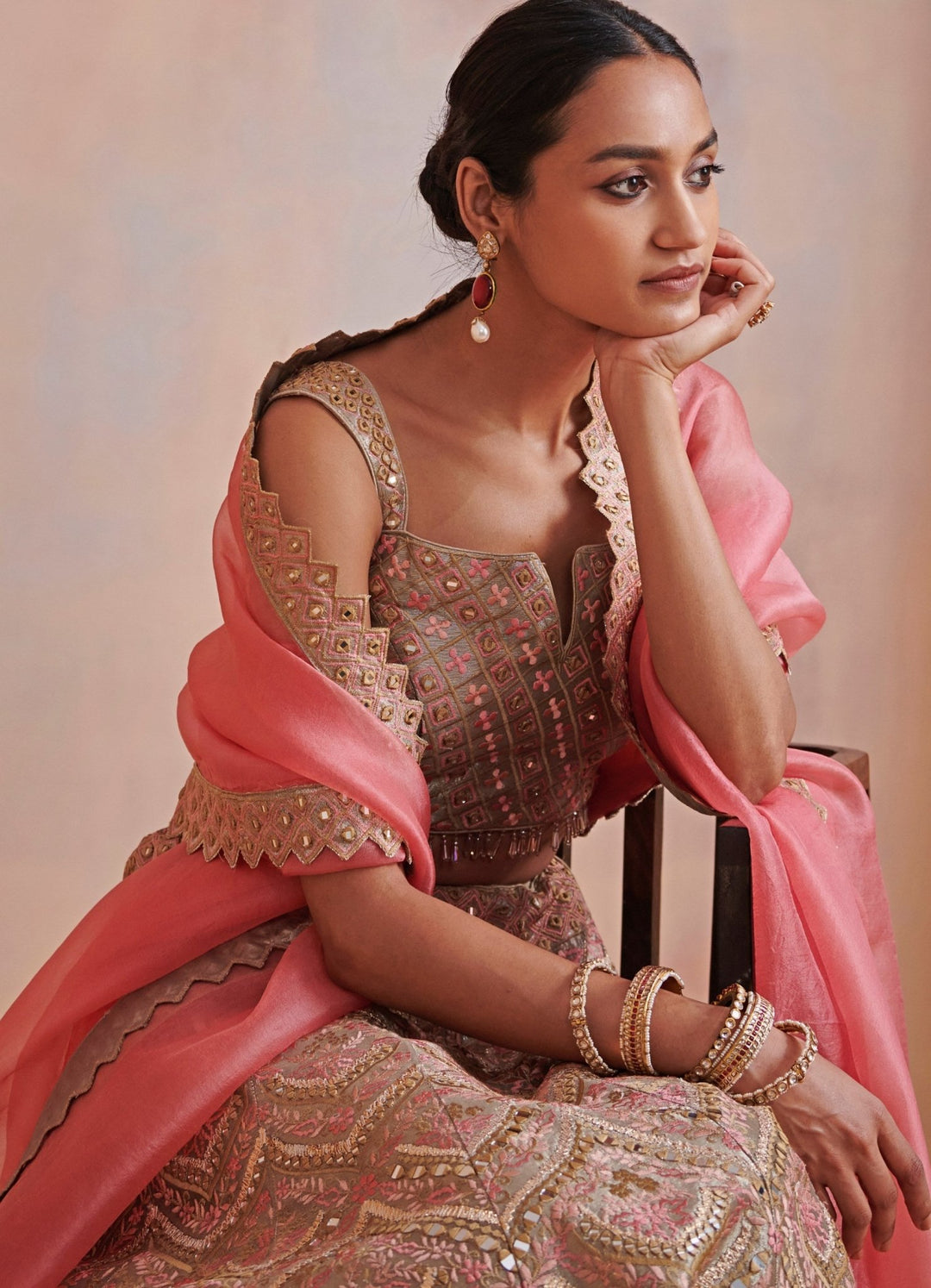 Seashell Beige and Peach Mirror and Resham Lehenga Set Suhino - Fabilicious Fashion