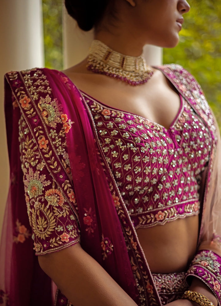 Shaira Rani Pink Double Dupatta Embroidered Silk Lehenga Set Angad Singh - Fabilicious Fashion