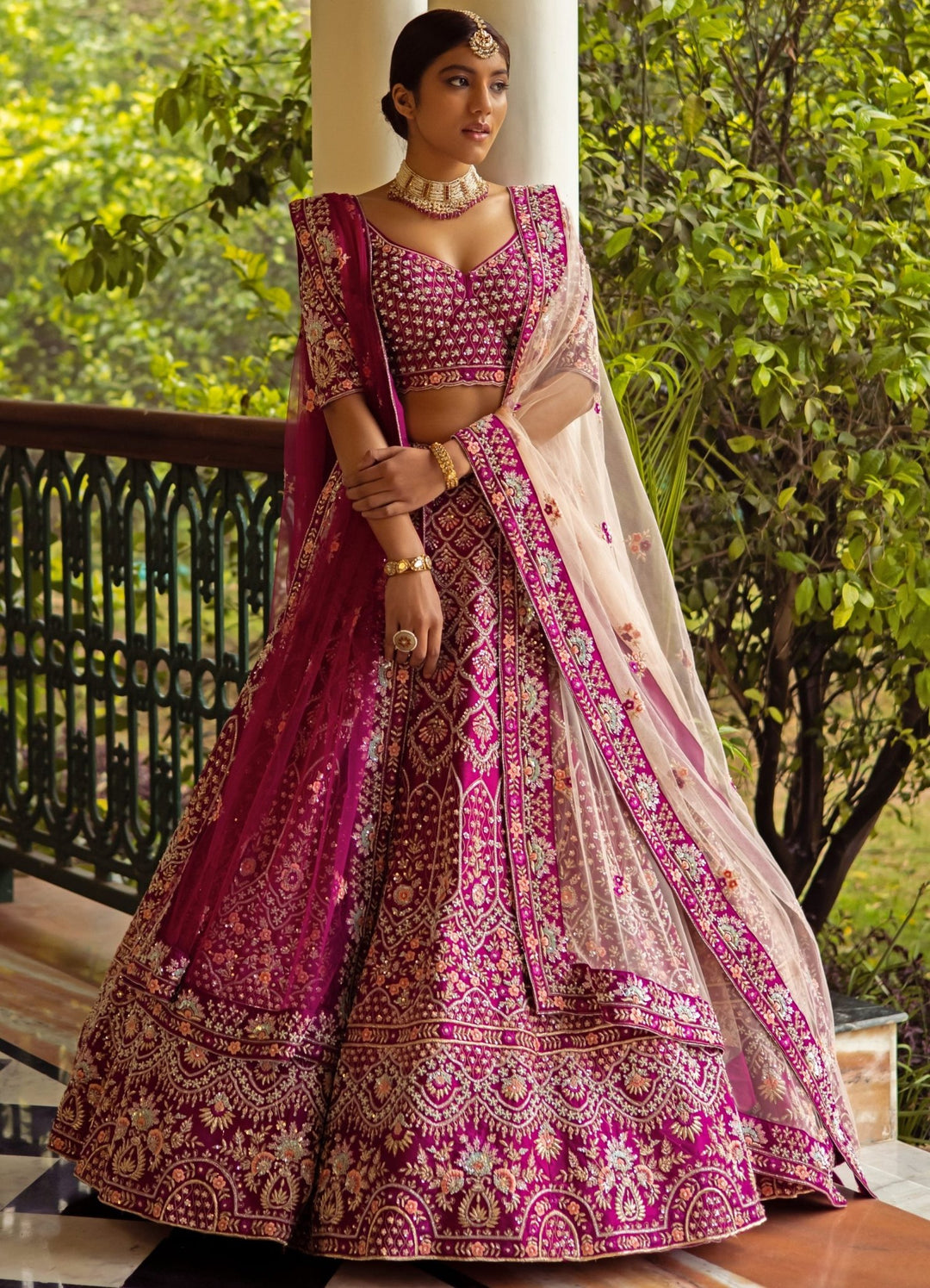 Shaira Rani Pink Double Dupatta Embroidered Silk Lehenga Set Angad Singh - Fabilicious Fashion