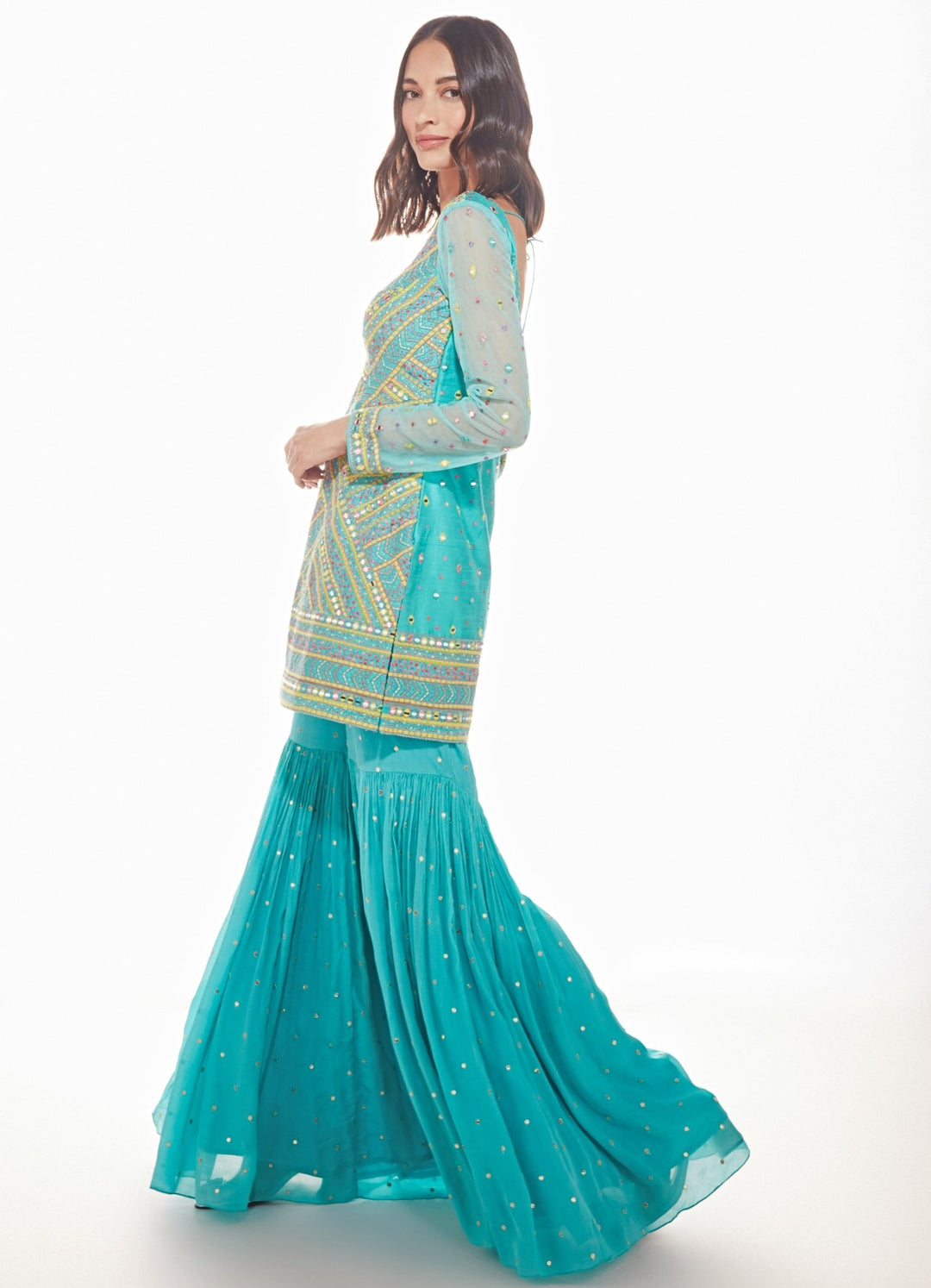 Shina Tiffany Blue Silk Kurta With Pallazo Pants Chamee n Palak - Fabilicious Fashion