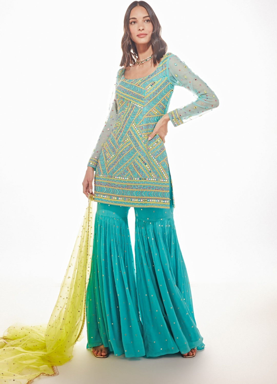 Shina Tiffany Blue Silk Kurta With Pallazo Pants Chamee n Palak - Fabilicious Fashion