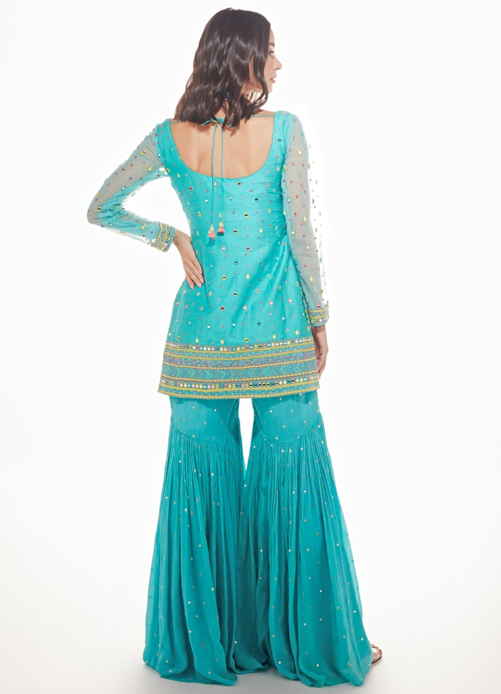 Shina Tiffany Blue Silk Kurta With Pallazo Pants Chamee n Palak - Fabilicious Fashion