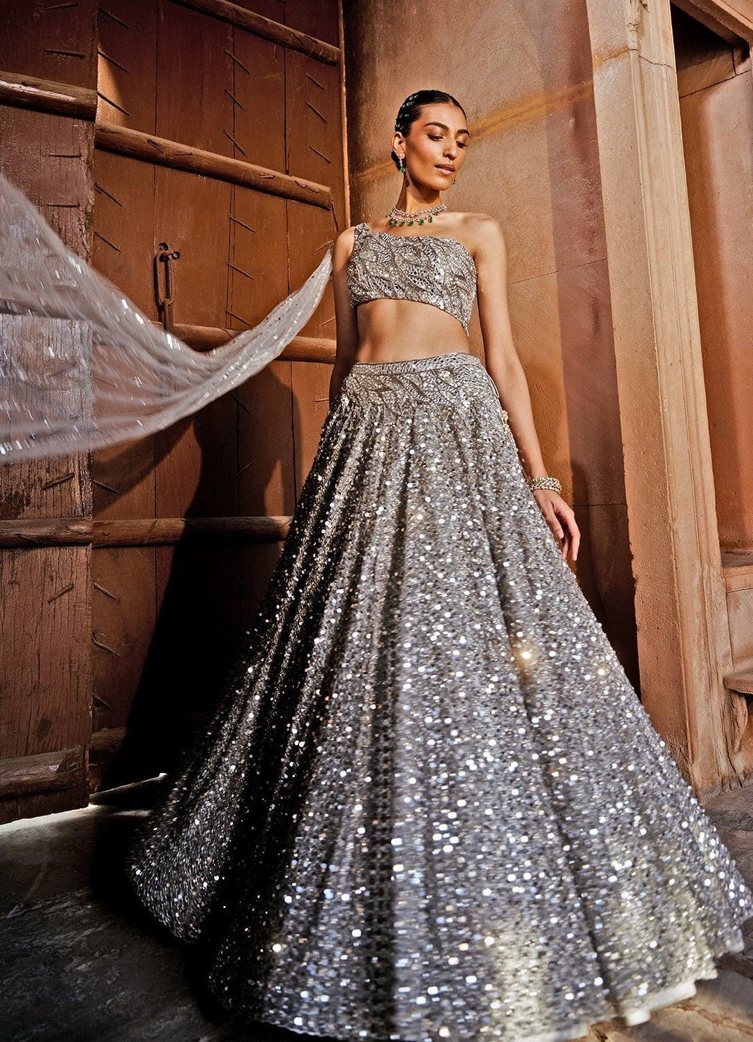 Silver Grey Embellished Lehenga With One Shoulder Blouse Prevasu - Fabilicious Fashion