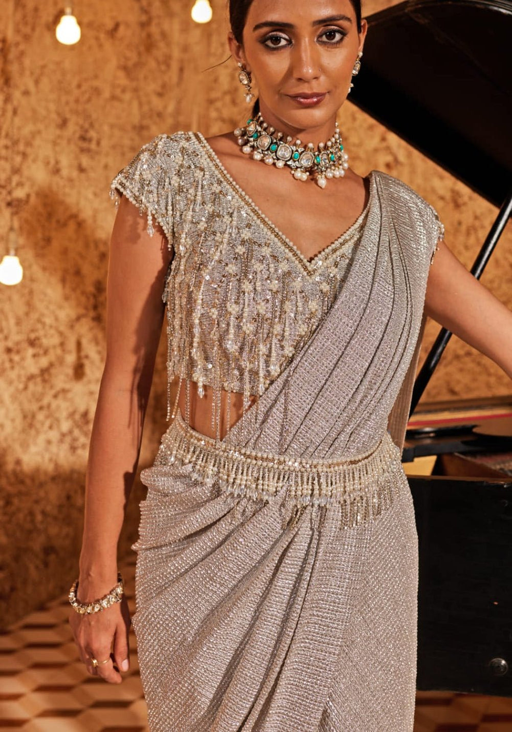 Silver Lycra Pre Drape Saree Set Nidhika Shekhar - Fabilicious Fashion