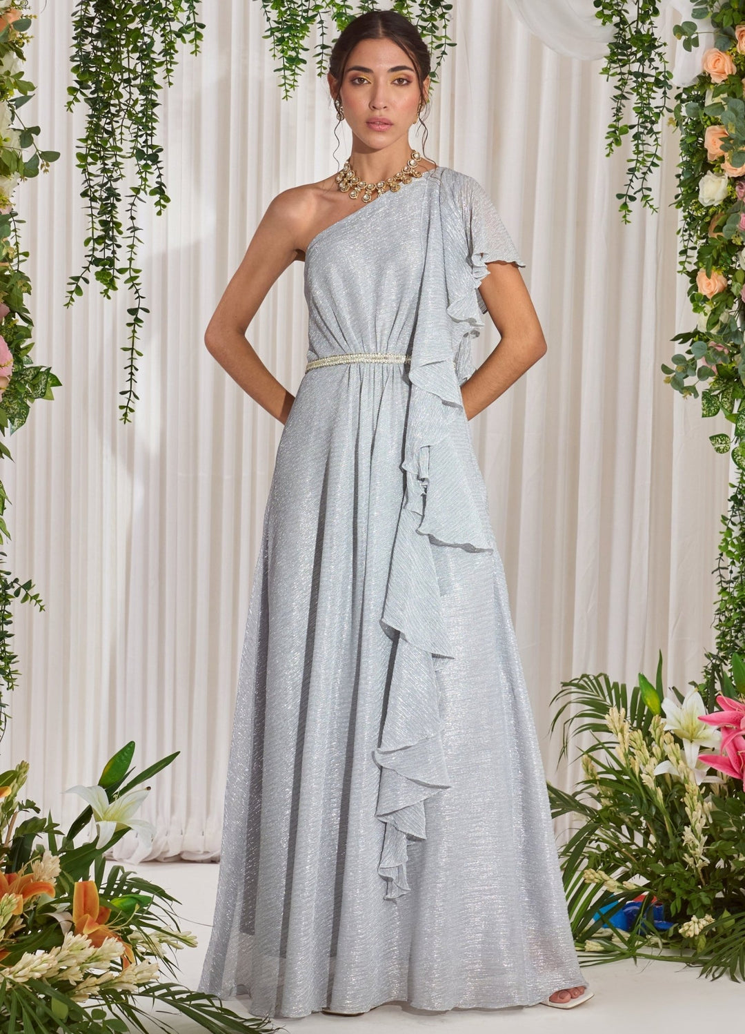 Silver Shimmer One Shoulder Ruffled Dress Nidhika Shekhar - Fabilicious Fashion