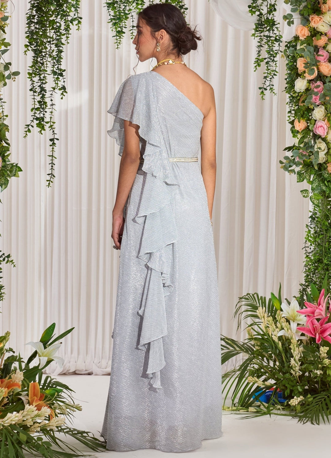 Silver Shimmer One Shoulder Ruffled Dress - Nidhika Shekhar