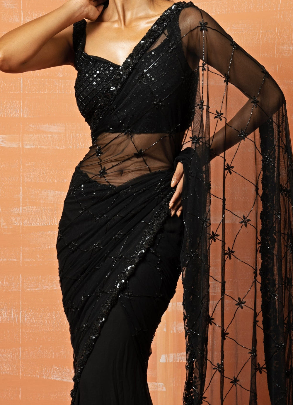 Sizzling Black Hand Embroidered Saree Set QAT By Agni - Fabilicious Fashion