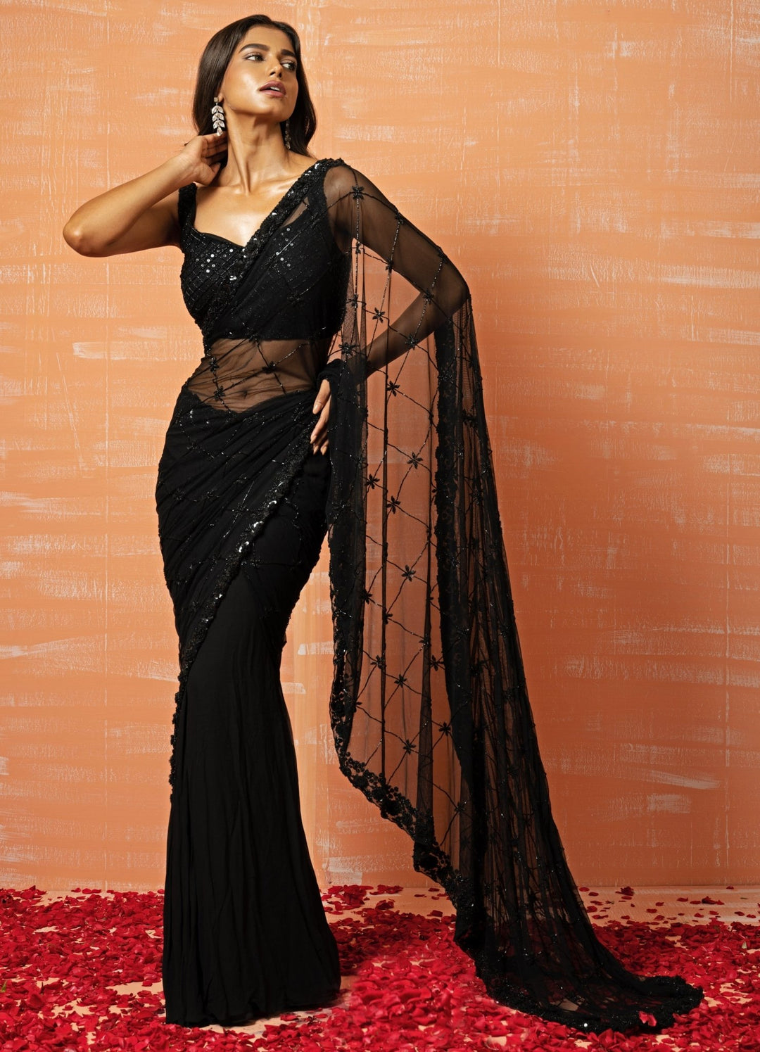 Sizzling Black Hand Embroidered Saree Set QAT By Agni - Fabilicious Fashion