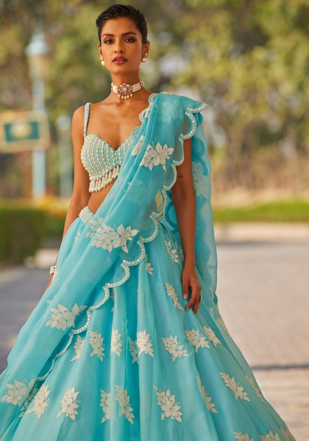 Sky Blue Applique Lehenga With Pearl Blouse Vvani by Vani Vats - Fabilicious Fashion