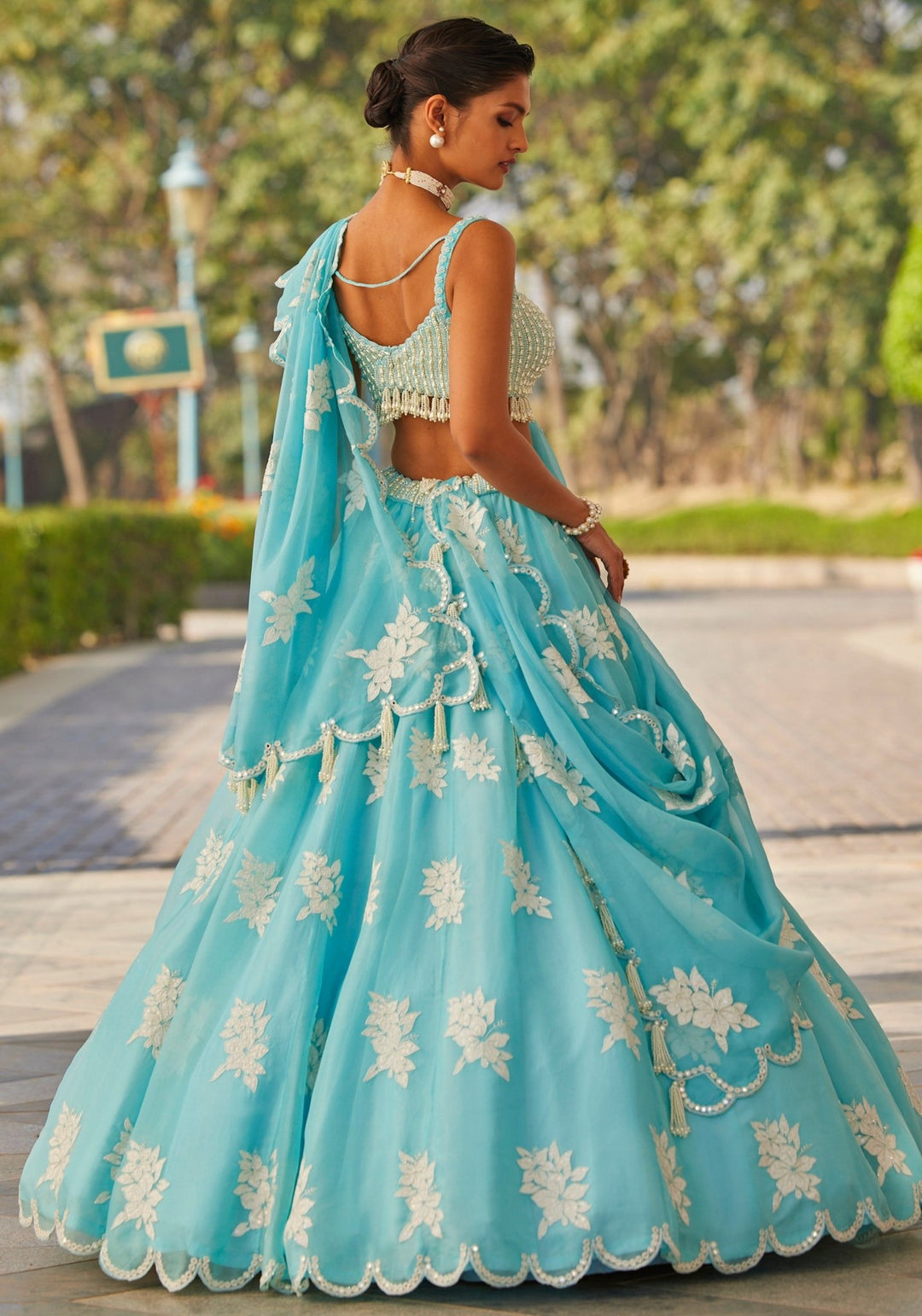 Sky Blue Applique Lehenga With Pearl Blouse Vvani by Vani Vats - Fabilicious Fashion