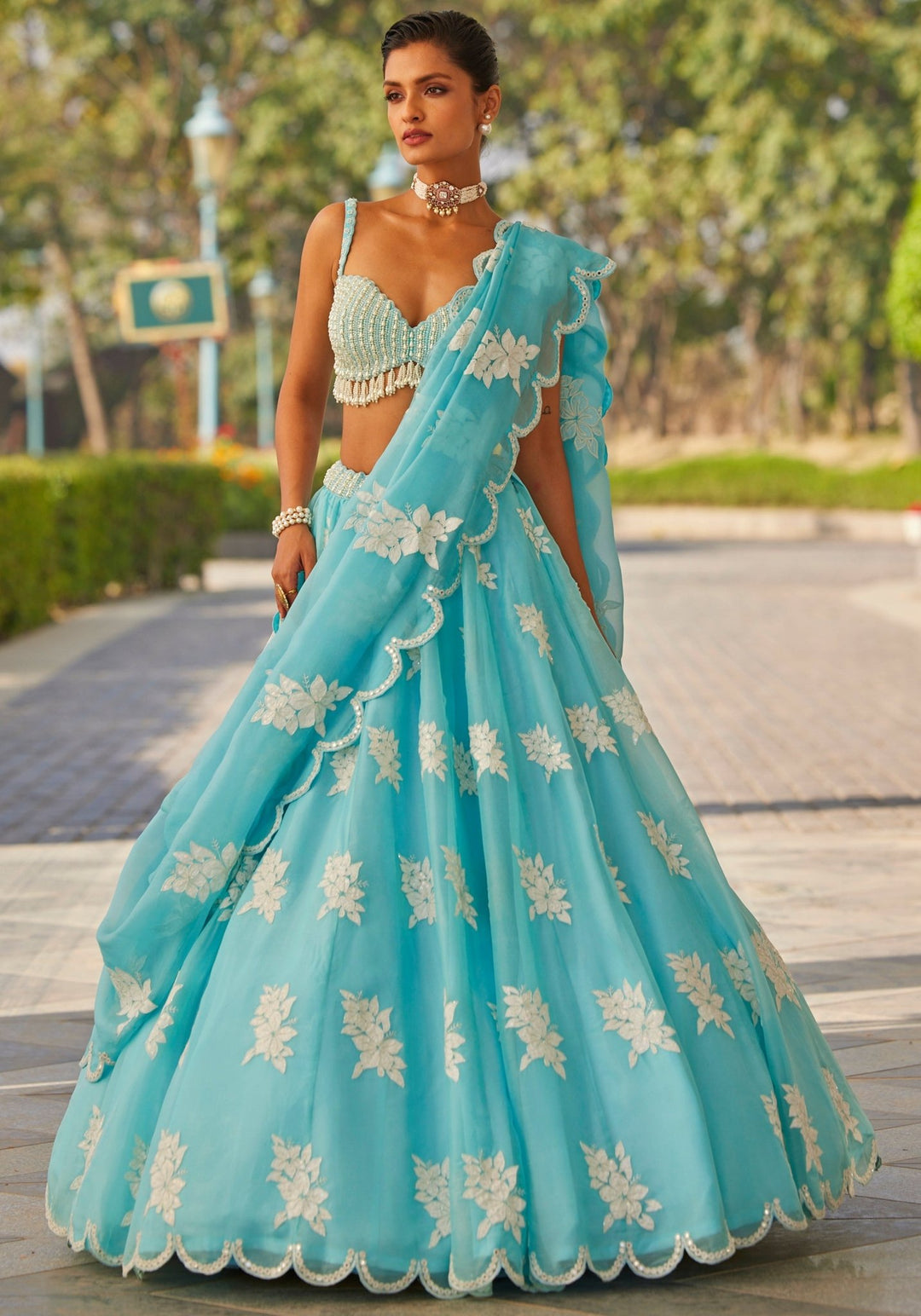 Sky Blue Applique Lehenga With Pearl Blouse Vvani by Vani Vats - Fabilicious Fashion