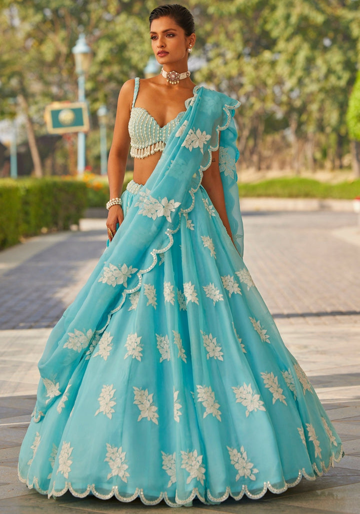 Sky Blue Applique Lehenga With Pearl Blouse Vvani by Vani Vats - Fabilicious Fashion