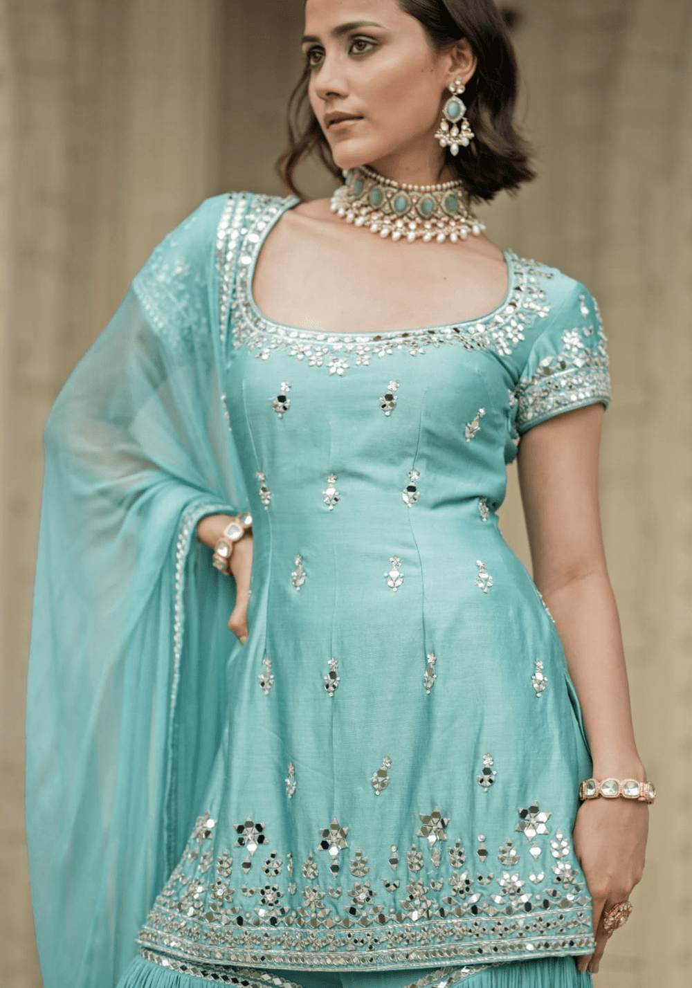 Sky Blue Chanderi Silk Kurta Sharara Set Esha Koul - Fabilicious Fashion