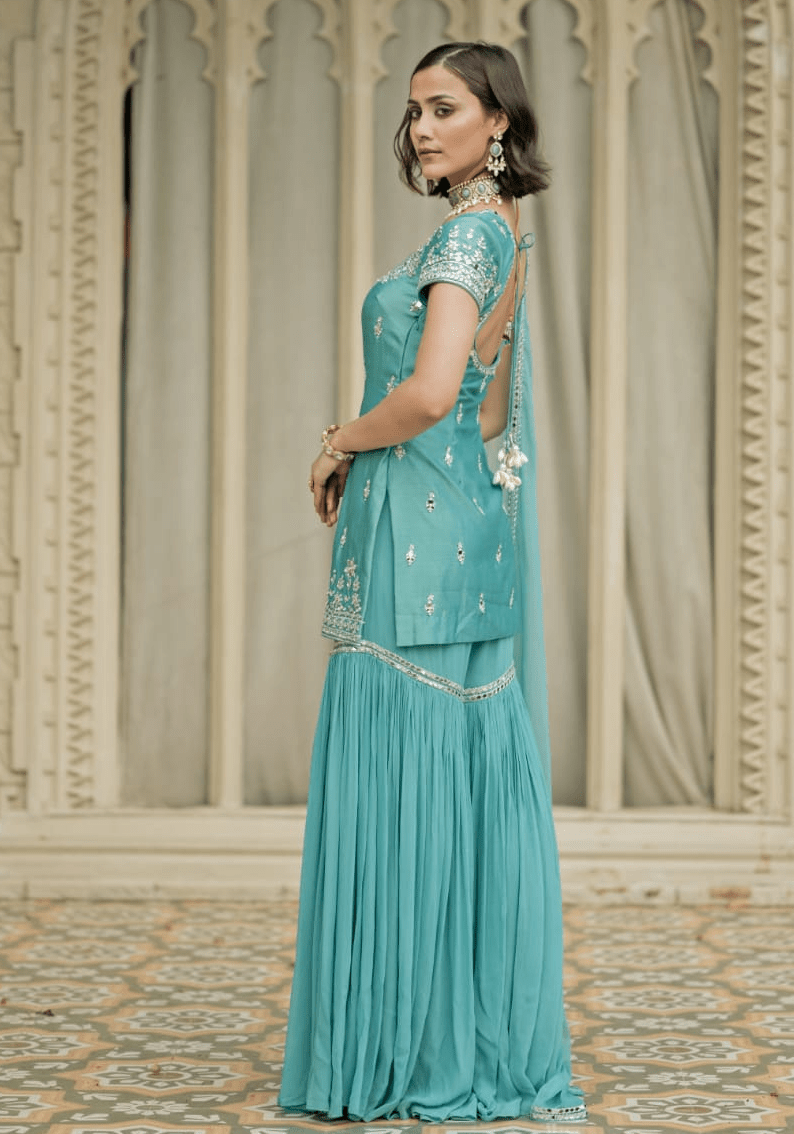 Sky Blue Chanderi Silk Kurta Sharara Set Esha Koul - Fabilicious Fashion