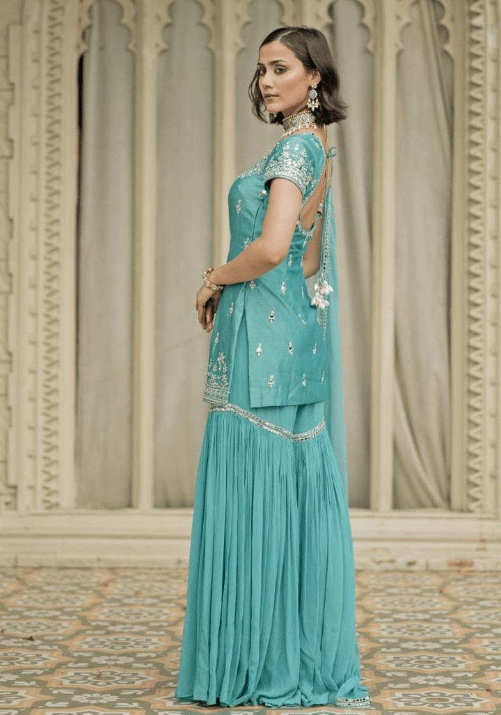 Sky Blue Chanderi Silk Kurta Sharara Set Esha Koul - Fabilicious Fashion