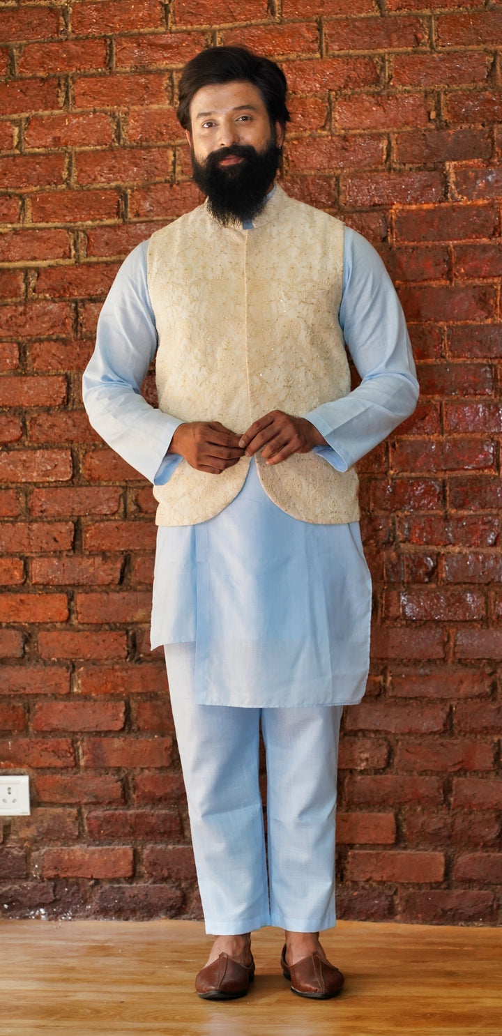 Sky Blue Cotton Silk Kurta And Pant Set With Embellished Beige Vest Priti Sahni - Men - Fabilicious Fashion