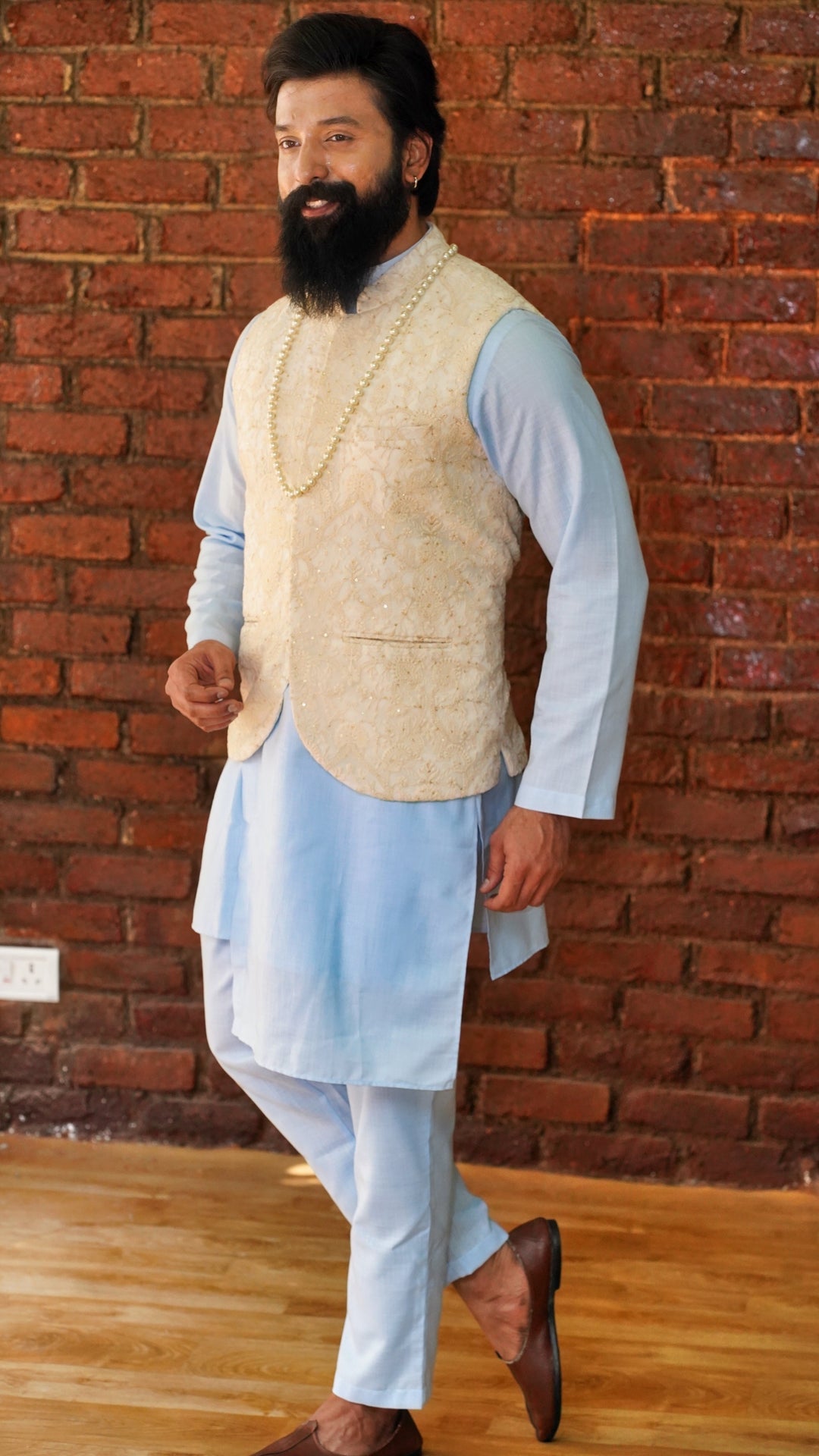 Sky Blue Cotton Silk Kurta And Pant Set With Embellished Beige Vest Priti Sahni - Men - Fabilicious Fashion