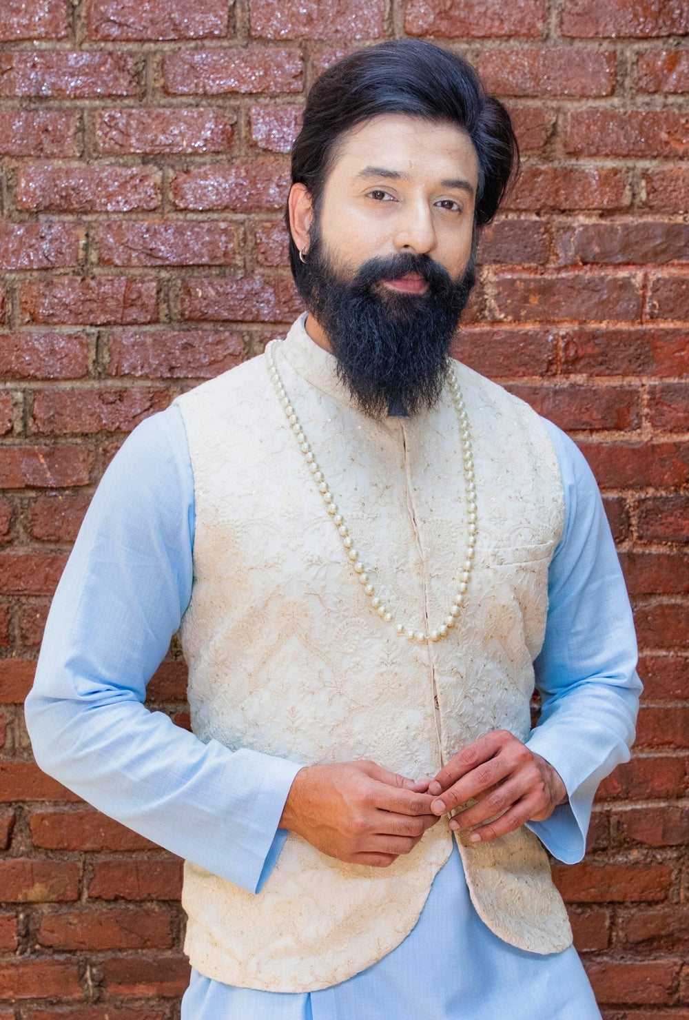 Sky Blue Cotton Silk Kurta And Pant Set With Embellished Beige Vest Priti Sahni - Men - Fabilicious Fashion