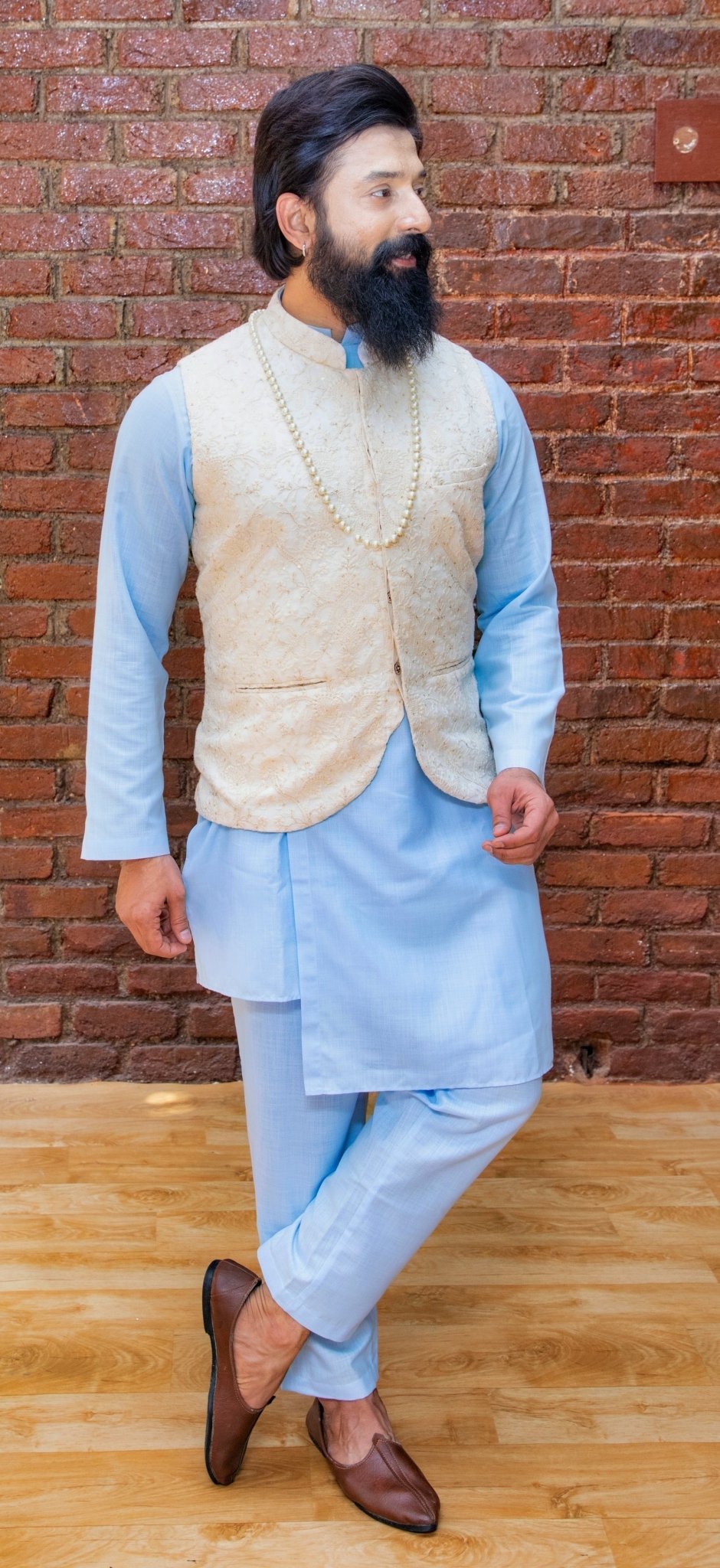 Sky Blue Cotton Silk Kurta And Pant Set With Embellished Beige Vest Priti Sahni - Men - Fabilicious Fashion