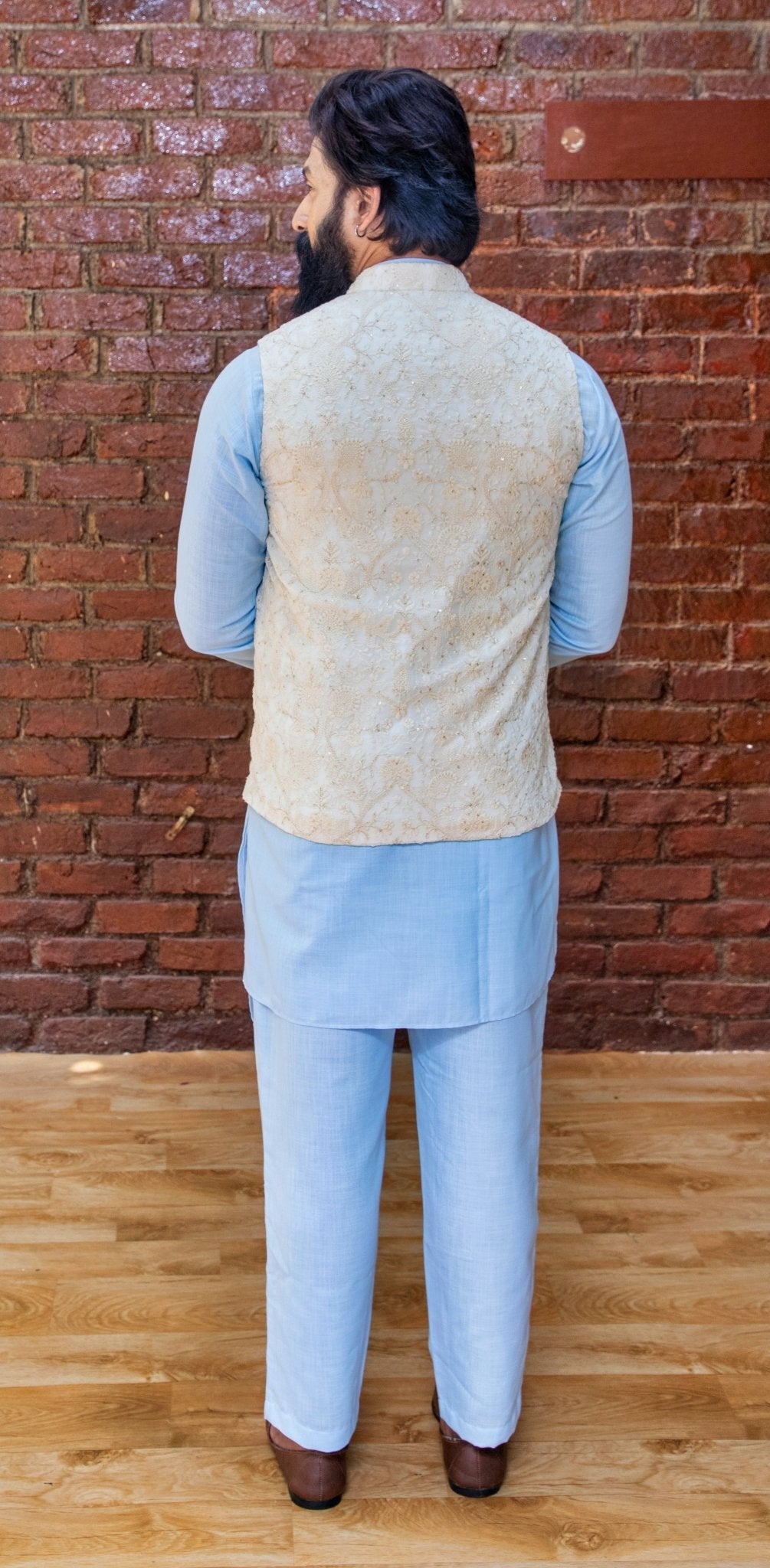 Sky Blue Cotton Silk Kurta And Pant Set With Embellished Beige Vest Priti Sahni - Men - Fabilicious Fashion