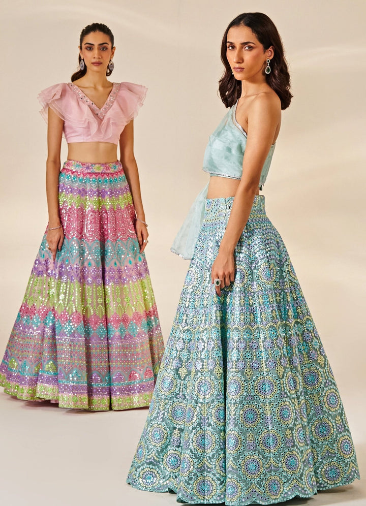 Sky Blue Foil Organza Lehenga Set Studio Iris - Fabilicious Fashion