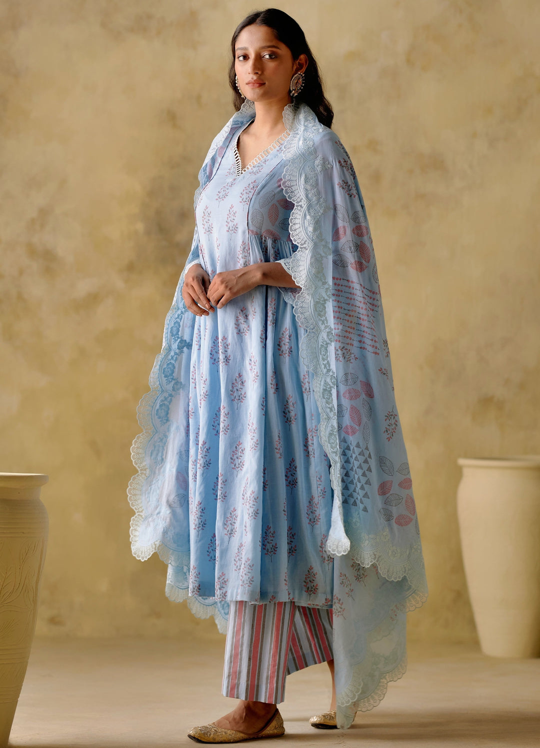 Sky Blue Leaf Block Printed Cotton Anarkali Palazzo Set Varun Chhabra Fabilicious Fashion