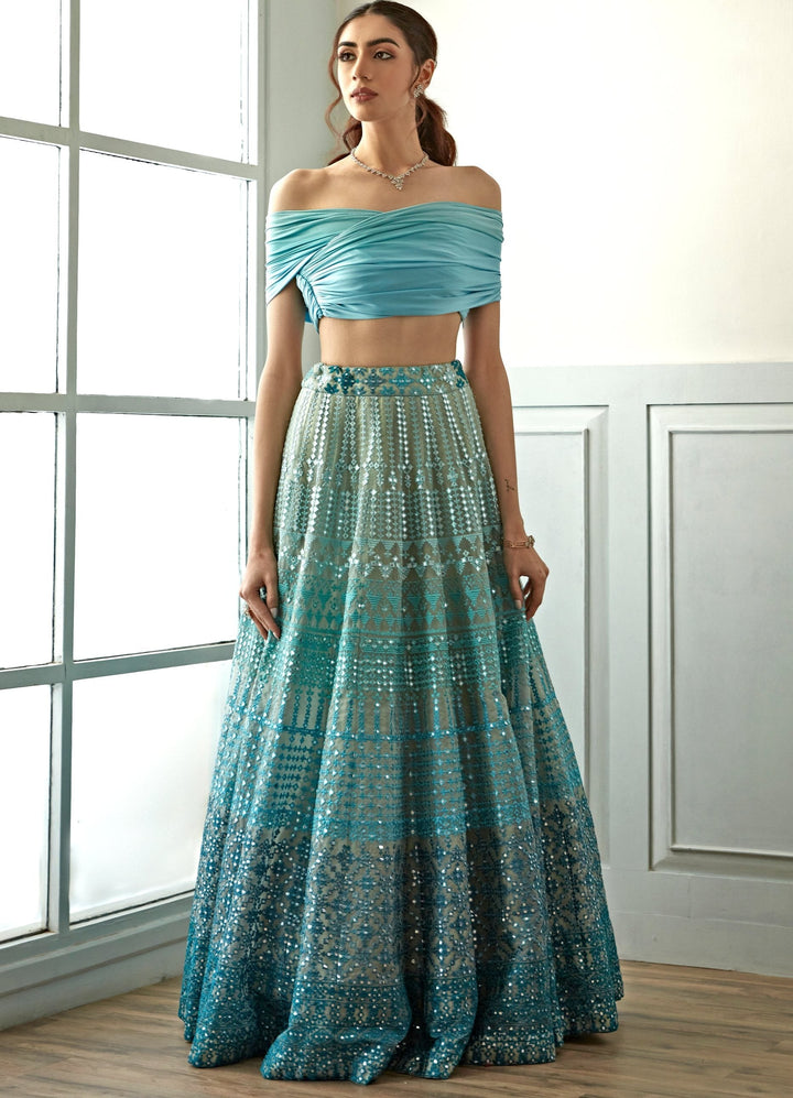 Sky Blue Ombre Off Shoulder Lehenga Set Studio Iris - Fabilicious Fashion