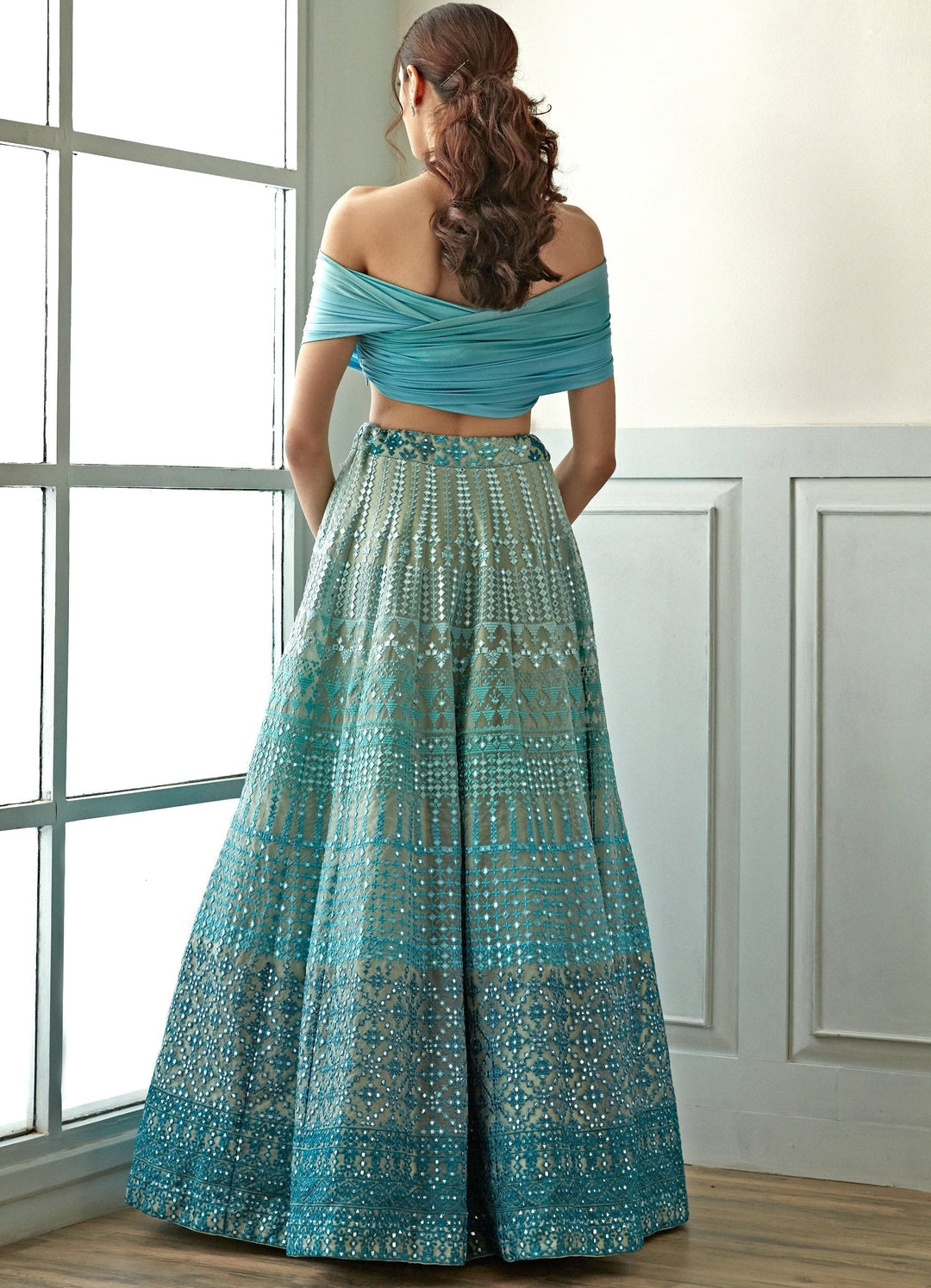 Sky Blue Ombre Off Shoulder Lehenga Set Studio Iris - Fabilicious Fashion