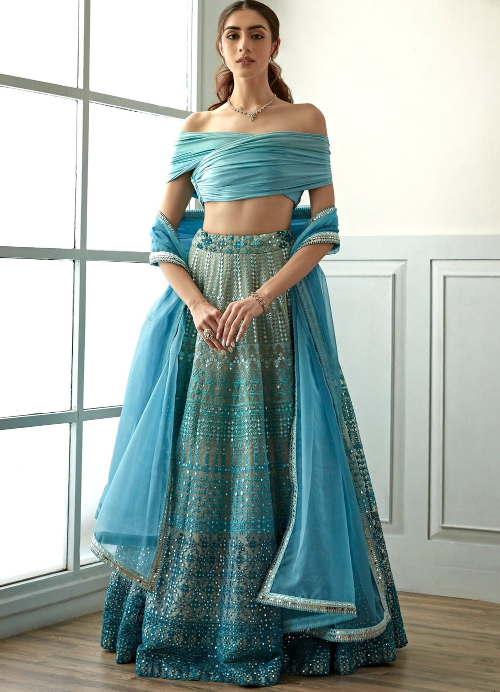 Sky Blue Ombre Off Shoulder Lehenga Set Studio Iris - Fabilicious Fashion