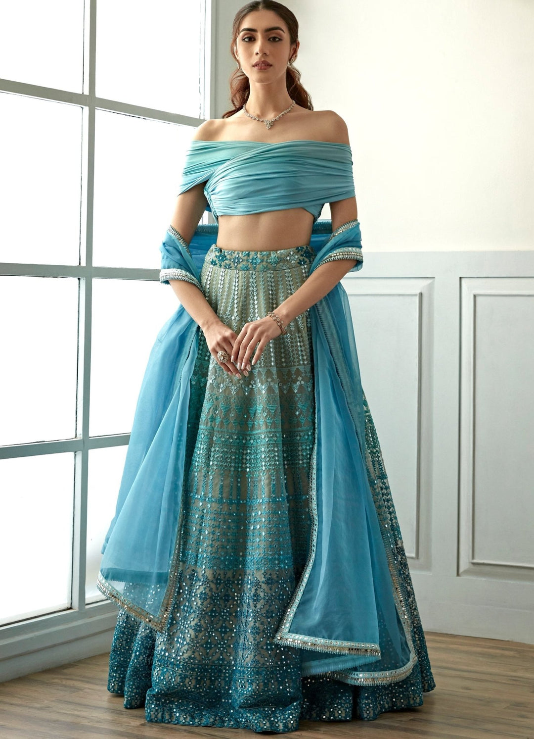 Sky Blue Ombre Off Shoulder Lehenga Set Studio Iris - Fabilicious Fashion