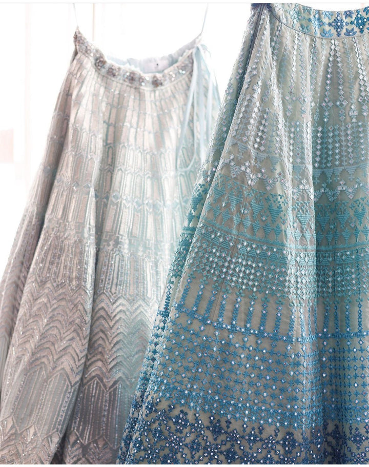 Sky Blue Ombre Off Shoulder Lehenga Set Studio Iris - Fabilicious Fashion