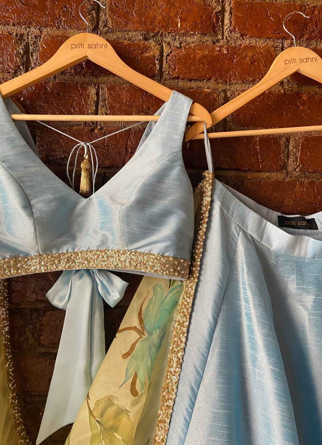 Sky Blue Silk Lehenga Set With Printed Dupatta Priti Sahni - Fabilicious Fashion